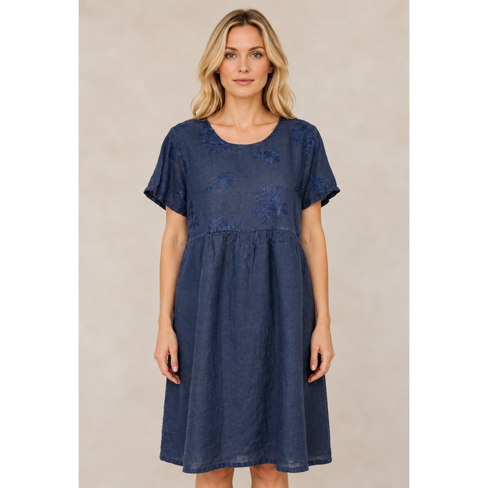 Terzo Milennio Italian Linen Floral Embroidered Dress Artisan Sustainable Medium